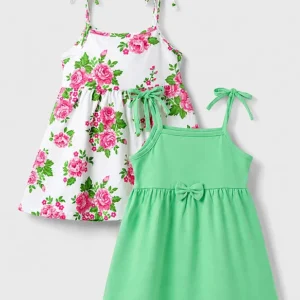 Cotton Knit Sleeveless Floral Printed Frocks With Bow Applique Pack Of 2 - Multicolor
